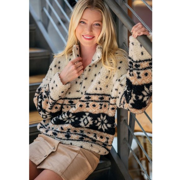 NEW Cream Aztec Sherpa Half Zip Pullover Sweater - Picture 4 of 10